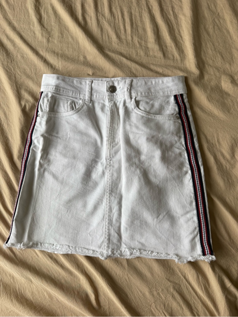 White Denim Mini Skirt with Red-Blue Side Stripes